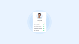 Cos'è il KYC perpetuo (PKYC) | Complycube Scheda profilo con ritratto di un uomo, titolo rischio attuale, barra dei colori da basso ad alto e segni di spunta verdi per la verifica dei documenti di identità e la valutazione del rischio | complycube