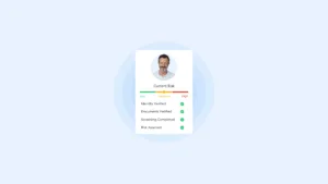 What is Perpetual Kyc Pkyc | Complycube | Complycube Profile card with a mans portrait title current risk a color bar from low to high and green checkmarks for identity documents screening and risk assessed | complycube | complycube
