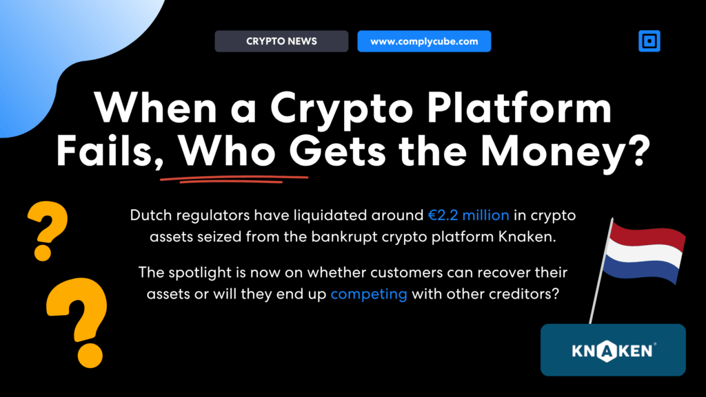 Le autorità di regolamentazione olandesi sequestrano le criptovalute di Knaken | Complycube Grafica di grande impatto con il titolo | complycube'Quando una piattaforma di criptovalute fallisce, chi si prende i soldi?' su sfondo nero. Il caso ruota attorno al sequestro di criptovalute di Kraken, con una bandiera olandese sulla destra.