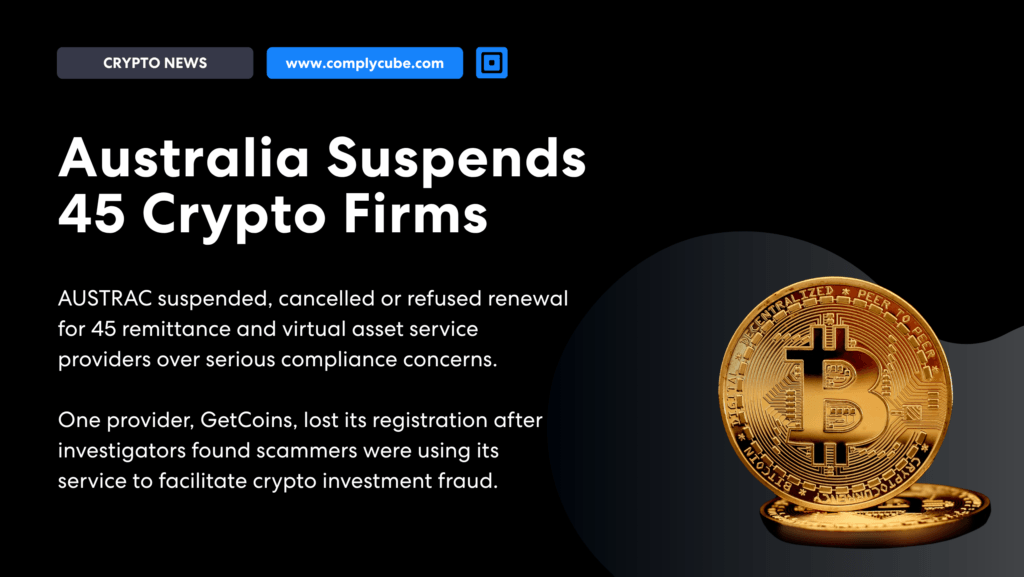 Hero image for a crypto news article headline  | complycube'Australia Suspends 45 Crypto Firms' with dark background and bitcoin imagery to the right.