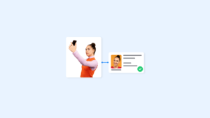 Person raises a smartphone for a selfie as part of an identity check with a verification card showing a photo and a green checkmark nearby | complycube