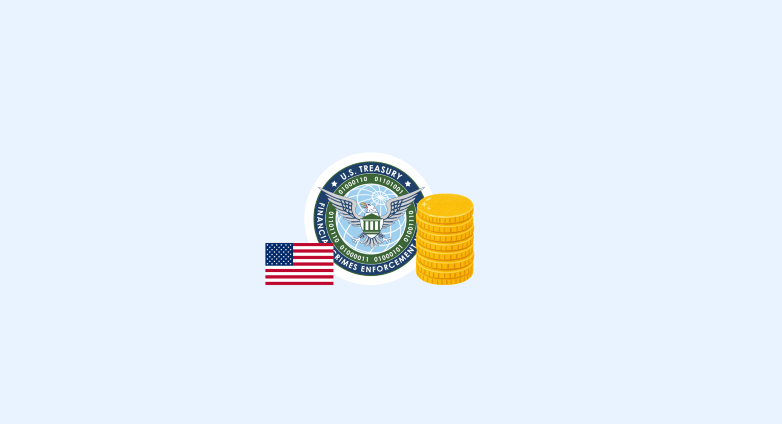 Das Siegel des US-Finanzministeriums neben einem Stapel Goldmünzen und einer amerikanischen Flagge als Symbol für die Bundesfinanzen | complycube