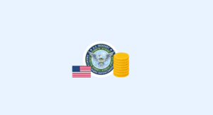 FinCEN deckt Betrugsnetzwerk bei Investitionen in digitale Vermögenswerte auf | Complycube Das Siegel des US-Finanzministeriums neben einem Stapel Goldmünzen und einer amerikanischen Flagge als Symbol für die Bundesfinanzen | complycube