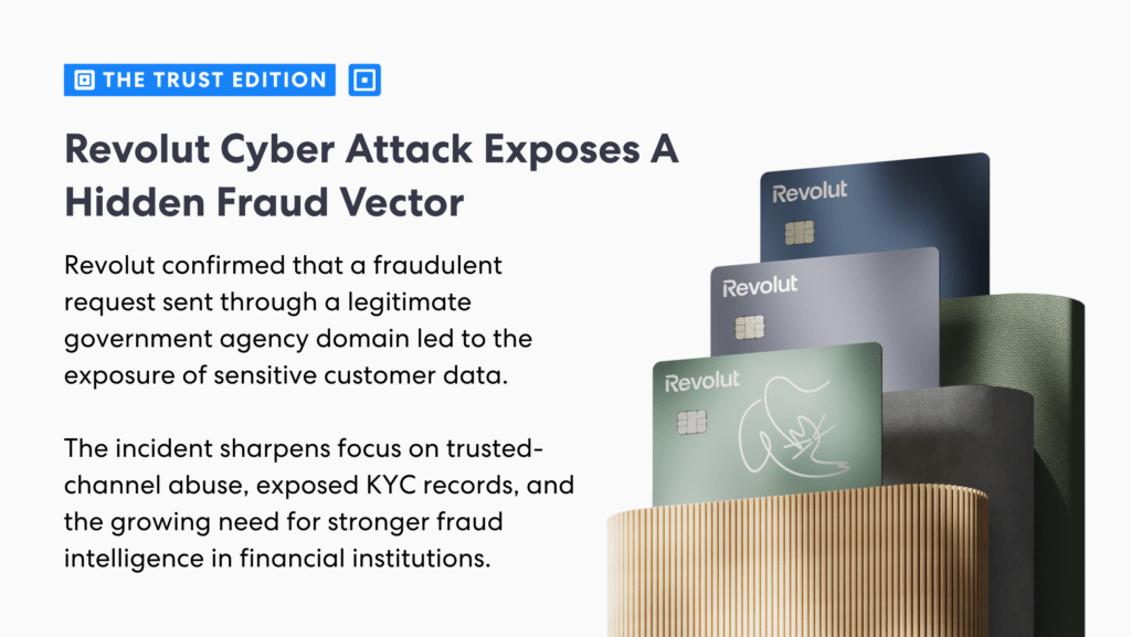 Graphic titled revolut cyber attack exposes a hidden fraud vector highlighting a fraudulent government domain request exposed kyc data and fraud intelligence risks alongside revolut bank cards | complycube