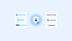 Top 6 Aml Kyc Solutions for Unified Compliance 2026 | Complycube Icon of person in the middle surrounded by reg tech logos including complycube complyadvantage persona seon nice actimize and sumsub | complycube