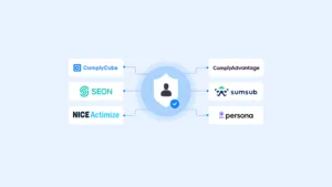 Top 6 Aml Kyc Solutions for Unified Compliance 2026 | Complycube Icon of person in the middle surrounded by reg tech logos including complycube complyadvantage persona seon nice actimize and sumsub | complycube