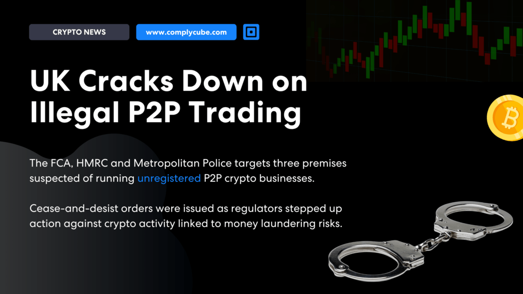 News hero uk p2p trading crackdown with bitcoin coin and handcuffs imagery on a dark background | complycube