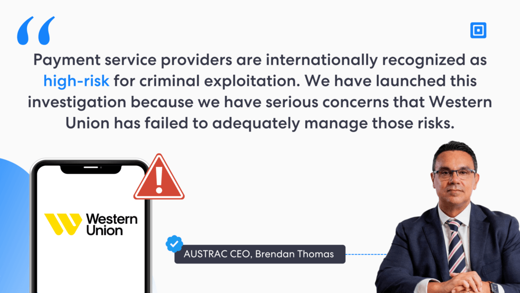 Informational hero image with a bold quote about payment providers being high risk plus a western union logo on a smartphone and austrac | complycube's CEO, Brendan Thomas on the right.