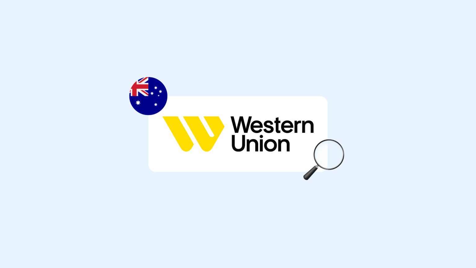 Western union logo on a white rounded card with an australia flag badge and a magnifying glass on a light blue background | complycube