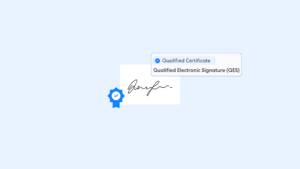 Was sind qualifizierte elektronische Signaturen? | Complycube Zertifikat mit blauem Band und der Aufschrift „Qualifizierte elektronische Signatur (QES)“ sowie dem Label „Qualifiziertes Zertifikat“ | complycube