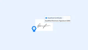 What Are Qualified Electronic Signatures | Complycube | Complycube Certificate with a blue ribbon badge marked qualified electronic signature qes and the label qualified certificate | complycube | complycube