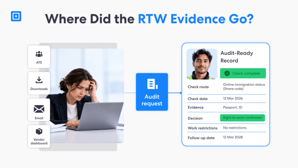 Where Did the Right to Work Evidence Go | Complycube Audit ready worker record showing check route date evidence decision restrictions and follow up details | complycube