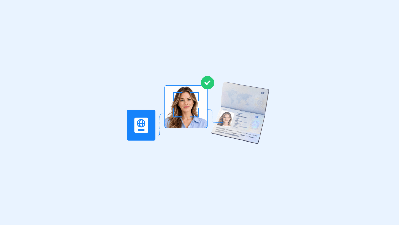 7 Must haves in Crypto Document Verification to Stop Fake Ids | Complycube Crypto document verification illustration showing biometric facial matching identity document authentication and successful verification of a passport holder | complycube