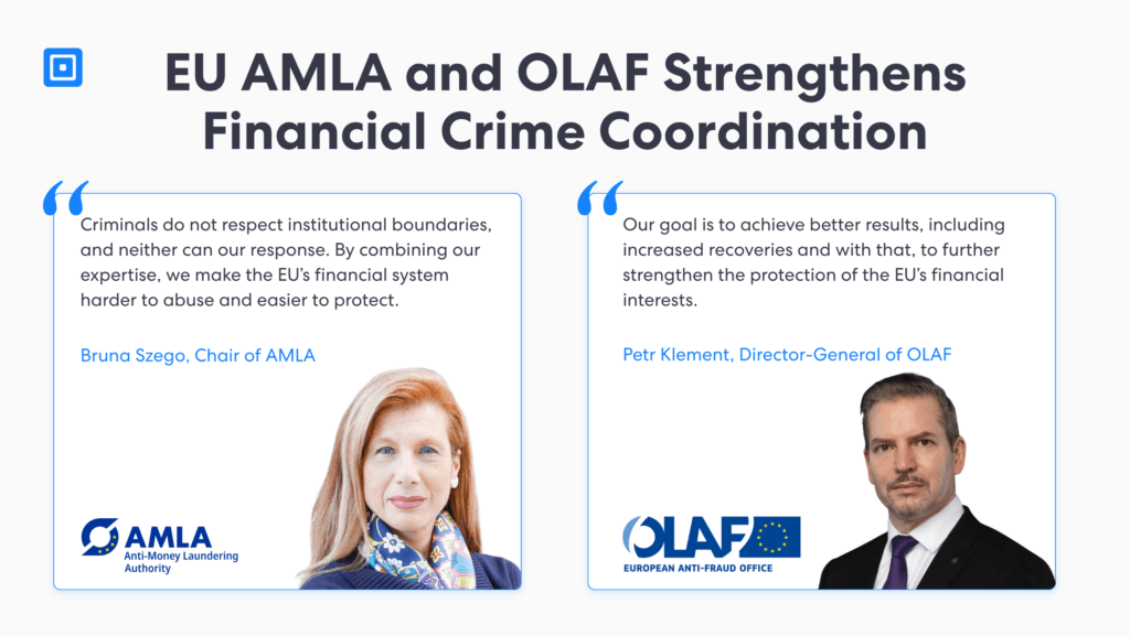 Two side by side testimonial cards about eu financial crime coordination left shows bruna szegő amla quote with her portrait and amla logo right shows petr klement olaf quote with his portrait and olaf logo | complycube
