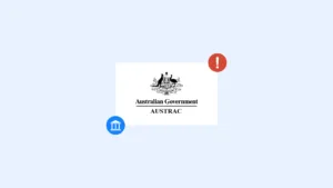 Austrac Warns Businesses Against Blanket De Risking | Complycube | Complycube Australian government austrac logo on a white card set against a light blue background overlapping blue bank icon and red alert badge for the article titled austrac warns businesses against blanket de risking | complycube | complycube