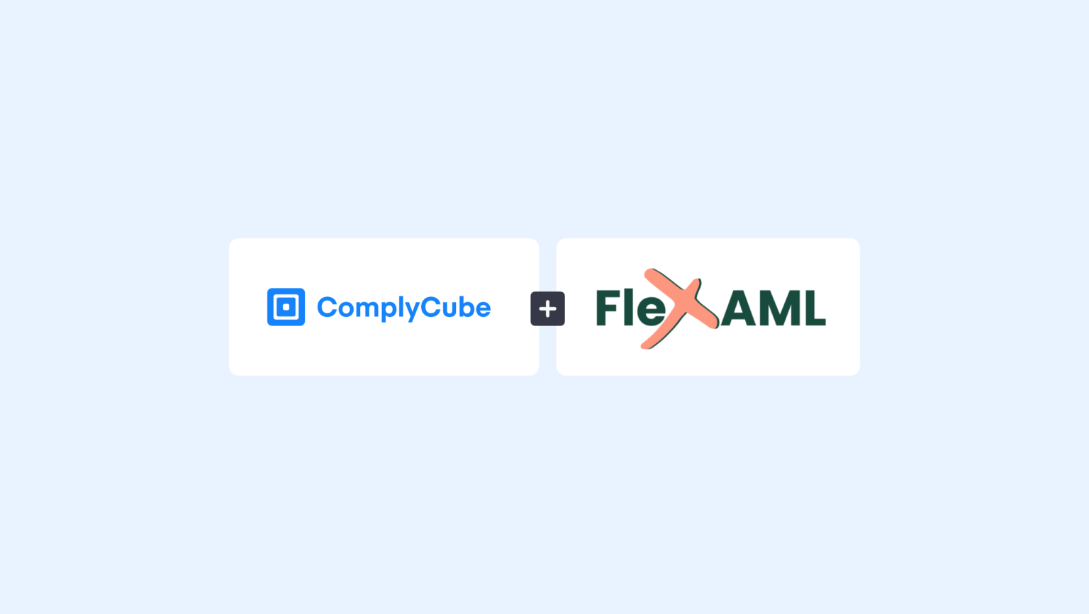 Complycube logo and flex aml logo on white cards with a plus sign between set on a light blue background | complycube
