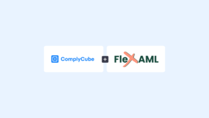 Complycube and Flexaml Tackle Uk Compliance Gaps | Complycube Complycube logo and flex aml logo on white cards with a plus sign between set on a light blue background | complycube
