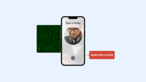 Complycube Secure Capture | Complycube Smartphone shows a take a selfie screen with a green binary matrix block to the left and an orange injection attack label to the right illustrating cybersecurity risks on mobile devices | complycube