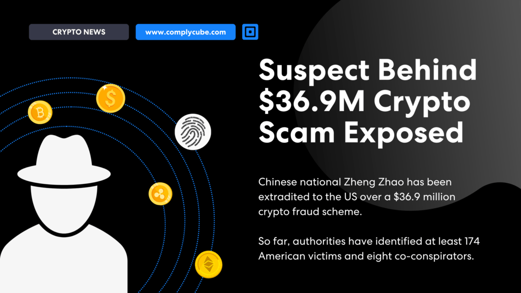 Crypto Scam Suspect Extradited to Usa | Complycube Graphic of a faceless figure with orbiting crypto coins and a fingerprint next to bold headline about a 9m crypto scam exposure | complycube