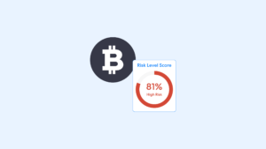 Kyc Risk Assessment for Crypto | Complycube Bitcoin logo on the left with a risk score card showing 81 high risk on the right | complycube