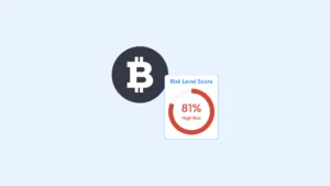 Bitcoin logo on the left with a risk score card showing 81 high risk on the right | complycube | complycube