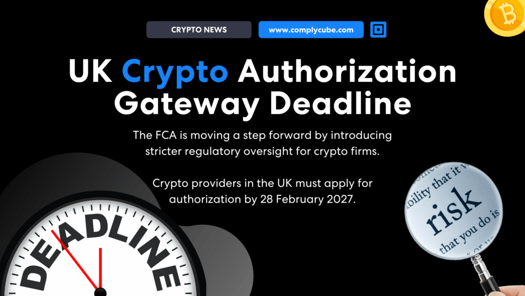 Uk Crypto Authorization Gateway | Complycube Uk crypto authorization gateway deadline banner with bold white text on black background and a blue crypto word plus clock and badges imagery conveyed as a regulatory news hero | complycube
